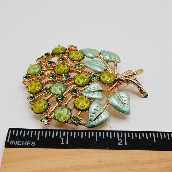 Vintage Style Watermelon Rhinestone Cabochon Tree Brooch Green Enamel Leaves - Picture 7 of 9